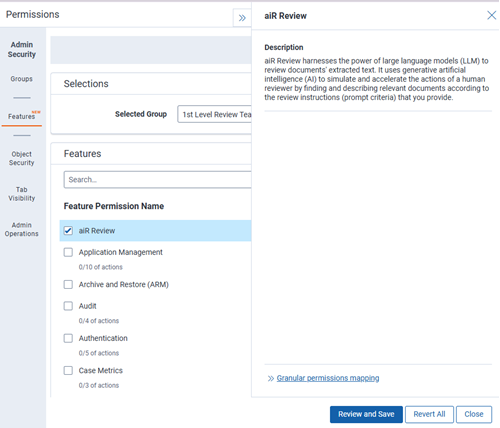 Instance level Features tab in Permissions for aiR Review 