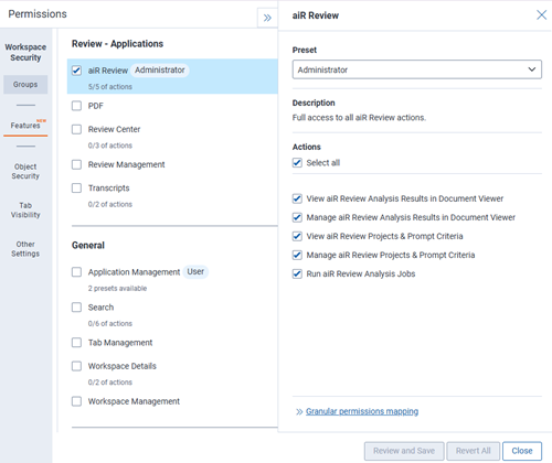Workspace level Features tab in Permissions for aiR Review 