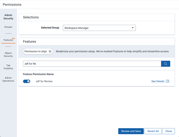 aiR for Review toggle in Features Tab