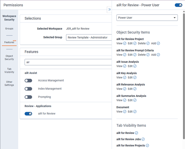 aiR for Review toggle with Details View in Features Tab