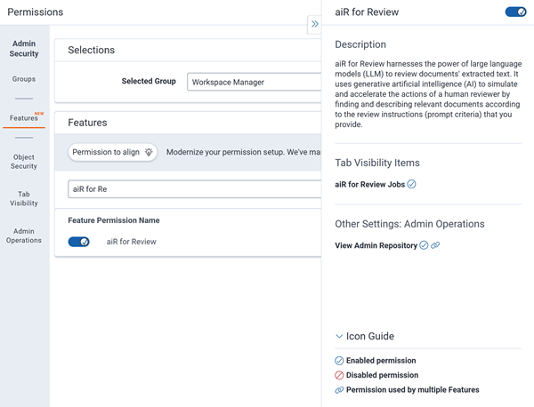 aiR for Review toggle in Features Tab showing its detailed permissions view.