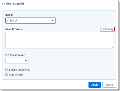 The (Index Search) modal with the Dictionary link highlighted.