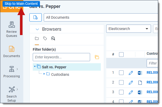 The Skip to Main feature is highlighted in the Documents tab.
