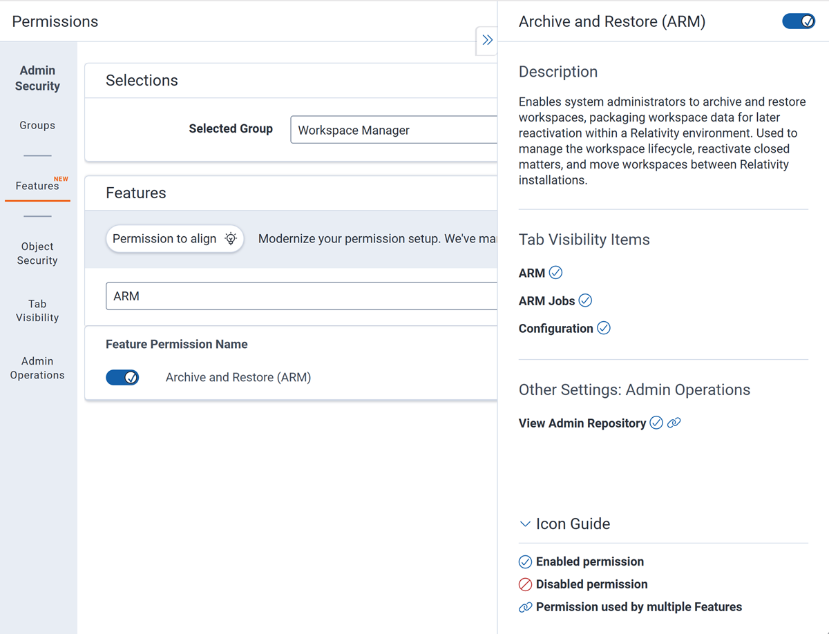 Archive and Restore (ARM) permission in Features tab.