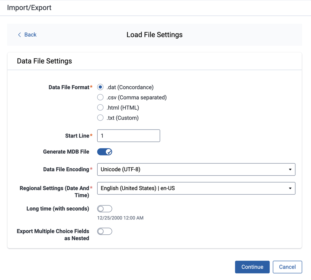 Export Load File Settings dialog