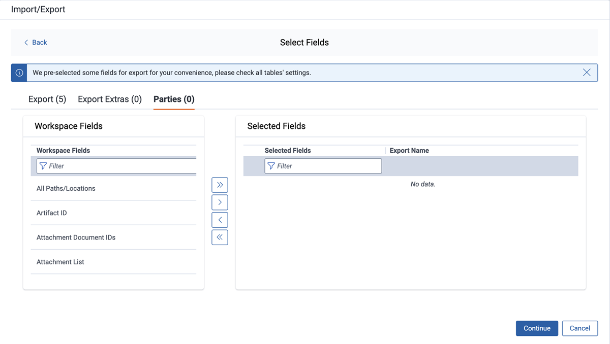 Parties tab in Select Fields dialog