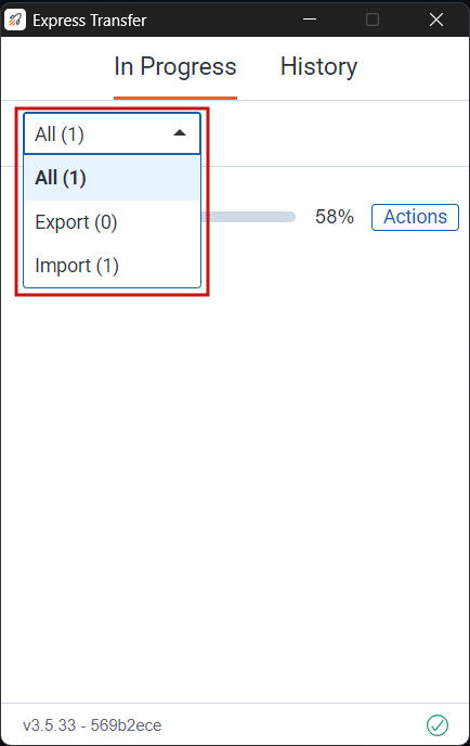In Progress tab showing filtering options All, Export, and Import