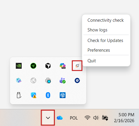 Right-click menu for Express Transfer icon in system tray