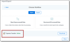 Choose Workflow dialog with Express Transfer Active status on