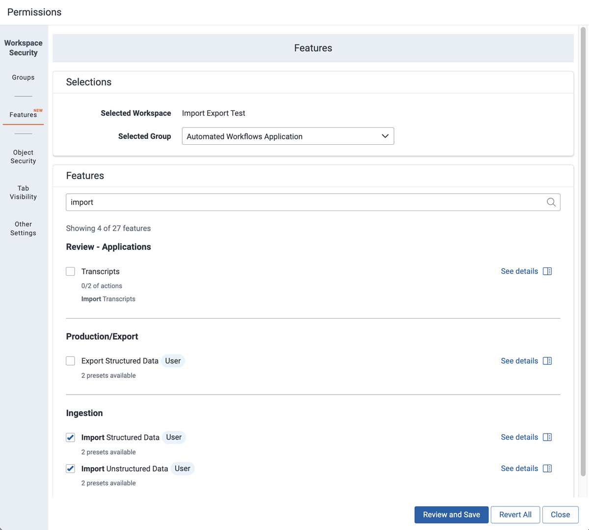 Enabling Import/Export permission for a group.