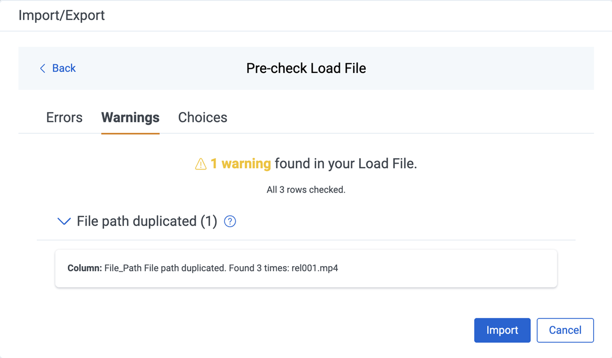 Pre-check Load File with Warnings tab