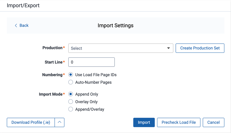 Production Import Settings dialog