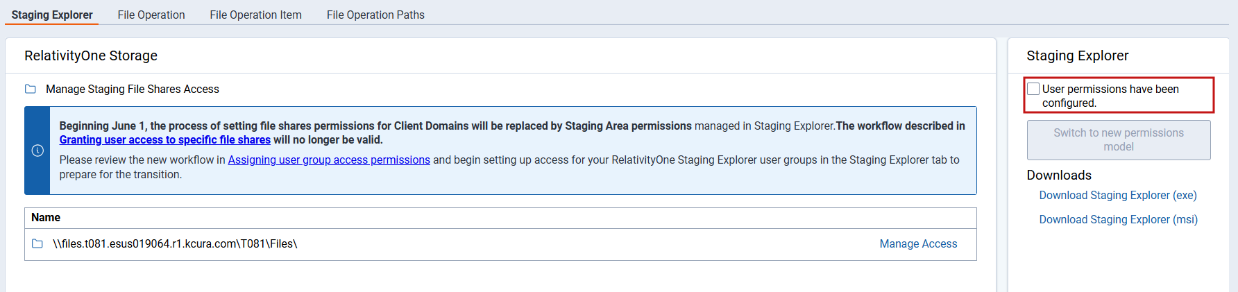 The 'User permissions have been configured' checkbox in the Staging Explorer pane.