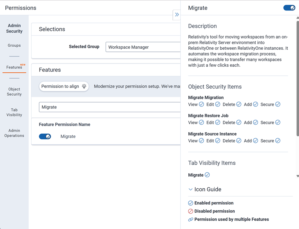 Migrate permission in Features tab.