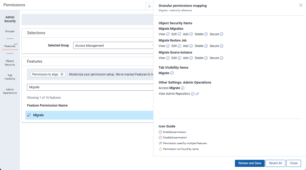 Migrate permission in Features tab.
