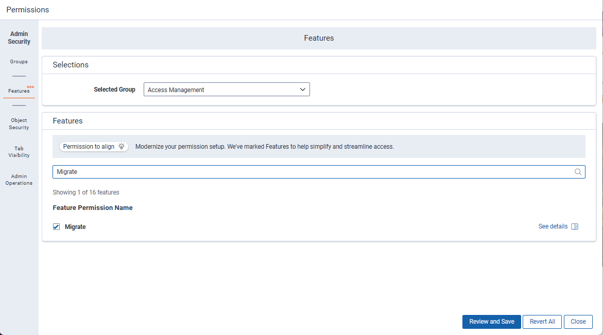 Enabling Migrate permission for a group.