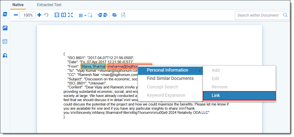 An image of the Link option in the context menu