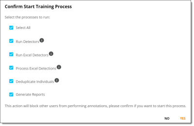 An image of the Confirm Start Training Process screen, which appears when beginning Run Incorporate Feedback