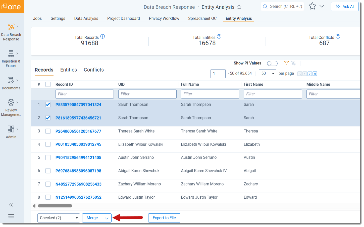 An imaghe of the Merge mass action button