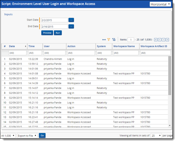 An example of the Environment Level User Login and Workspace Access script report with sample data.