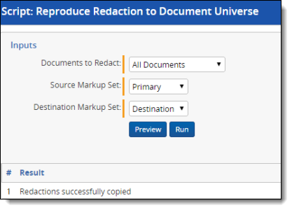 The Reproduce Redaction to Document Universe script report indicating that all redactions were copied successfully.