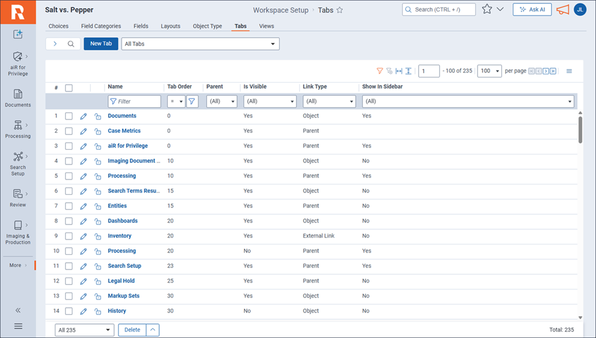 The Tabs tab with a number of tabs displayed in the list.