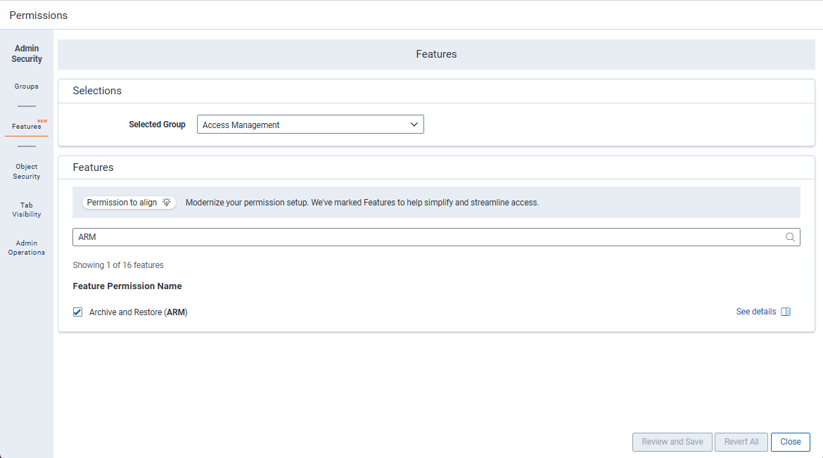 Enabling Archive and Restore (ARM) permission for a group.