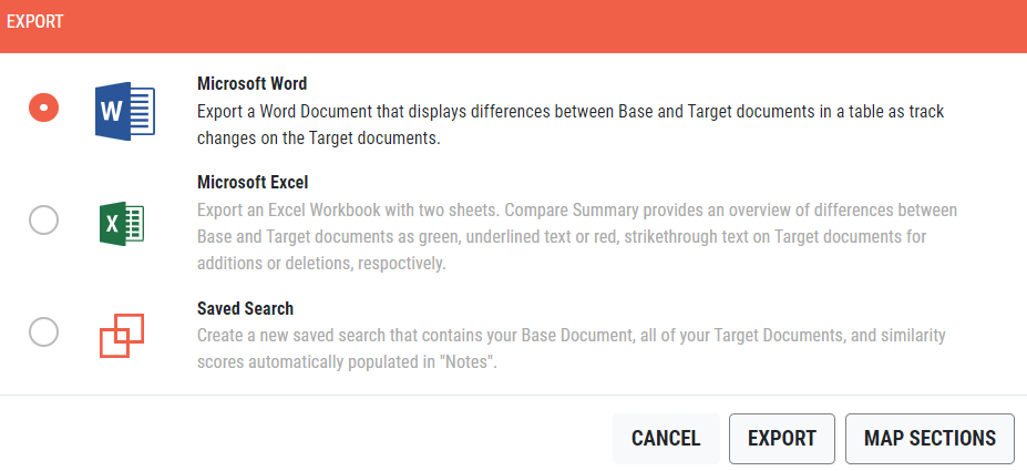An image of the Export window in Contracts Compare.