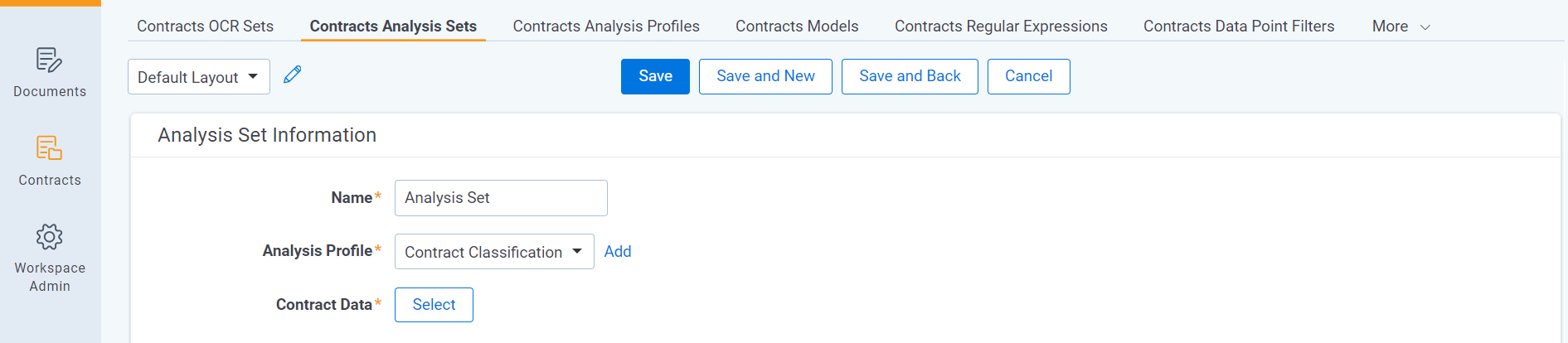 An image of the New Contracts Analysis Set page.
