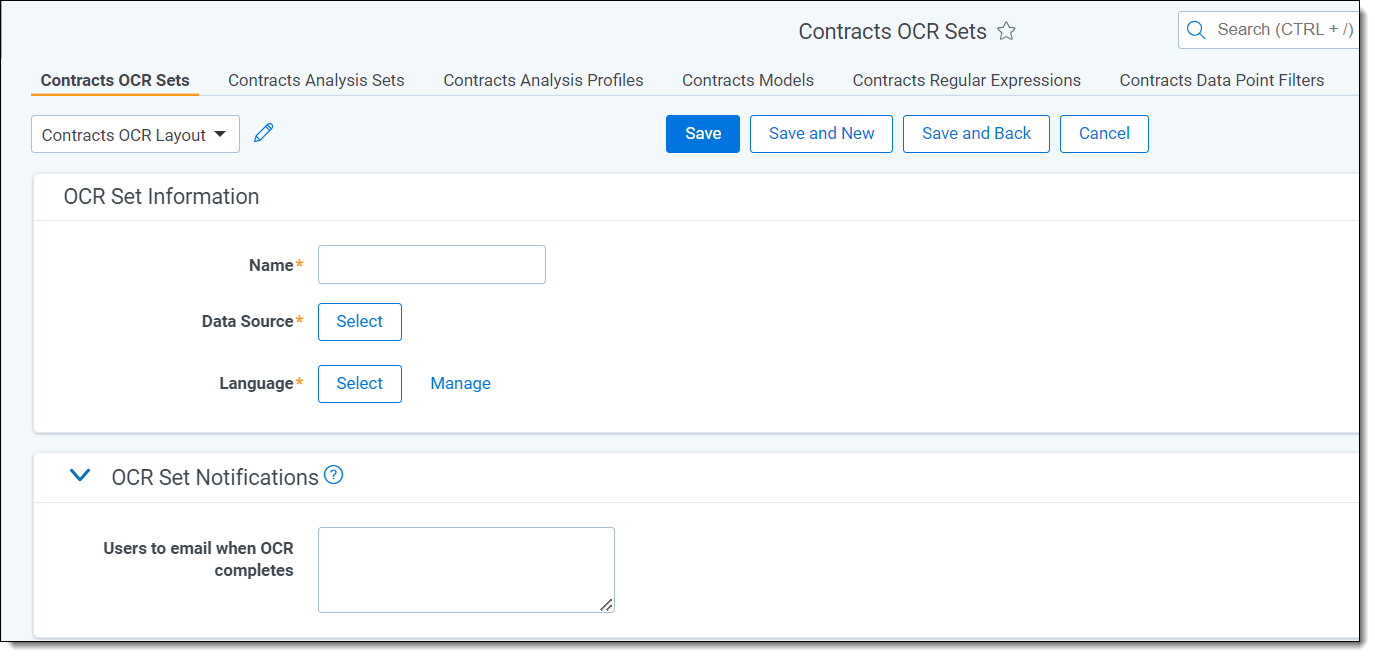 An image of the Contracts OCR Sets page
