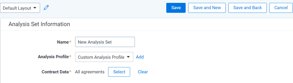 An image of a New Contracts Analysis Set being created using a custom analysis profile