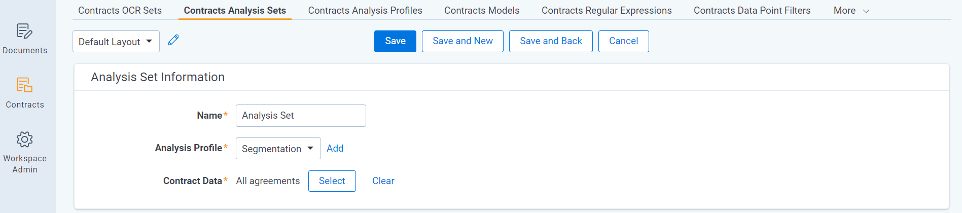 An image of the New Contracts Analysis Set page with the Segmentation analysis profile selected.