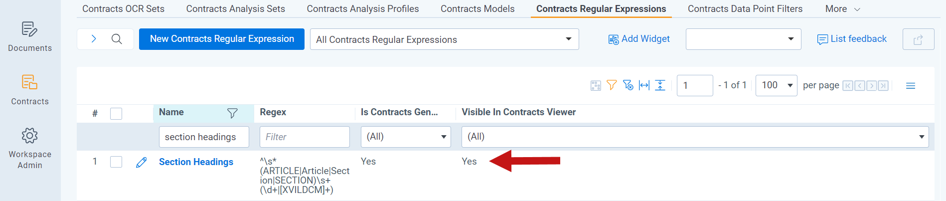 An image showing the Section Headings regular expression set to visible in the Contracts Viewer.