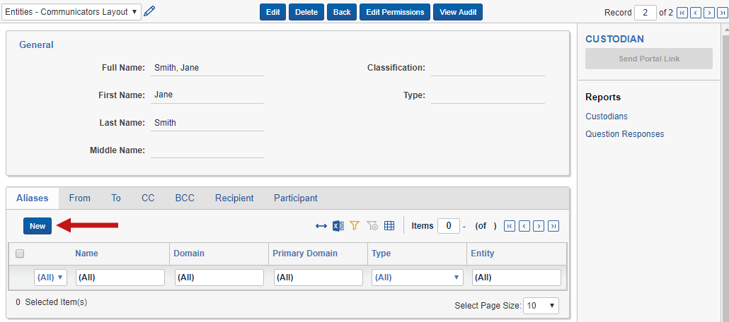 Entities - Communicators Layout with New Alias button highlighted