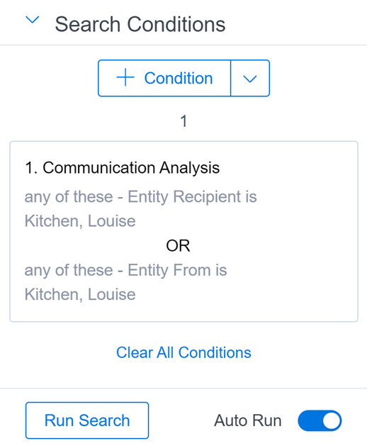 The Search Conditions card with an any of these condition added for the Louise Kitchen entity.