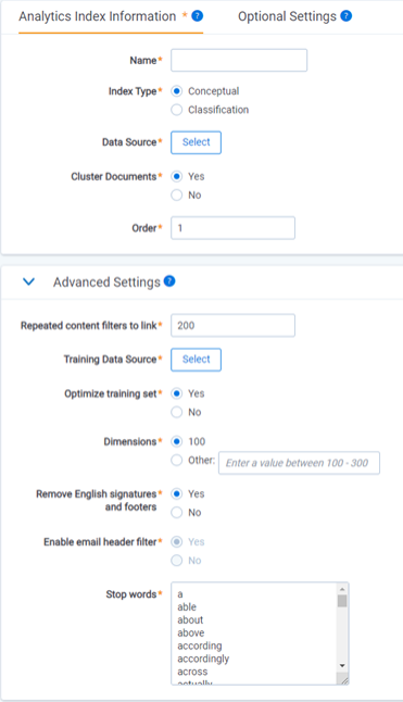 Conceptual index creation fields