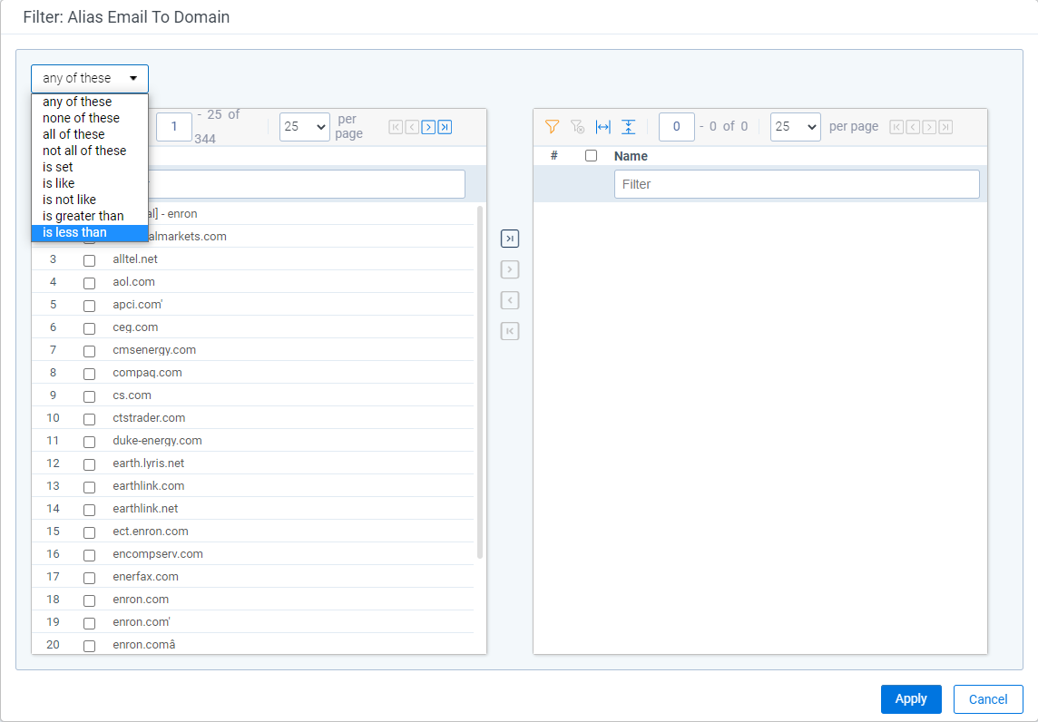 Multi-select filtering options for enhanced domain fields