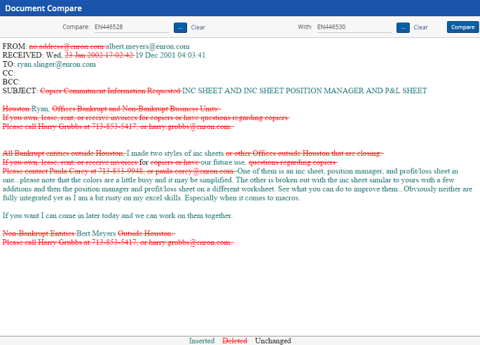 Example document compare with Document Compare feature