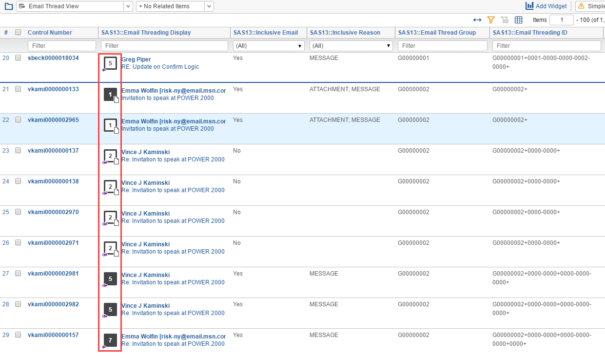 Email threading view with icons circled
