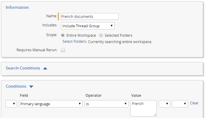 Example saved search configuration to batch documents based on Primary language
