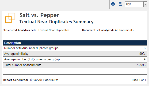 Example Textual Near Duplicates summary report