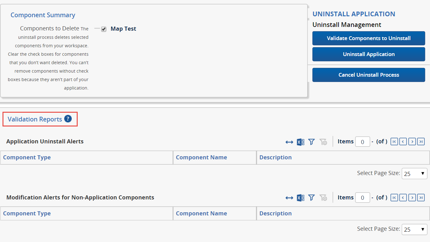 Application uninstall validation reports section