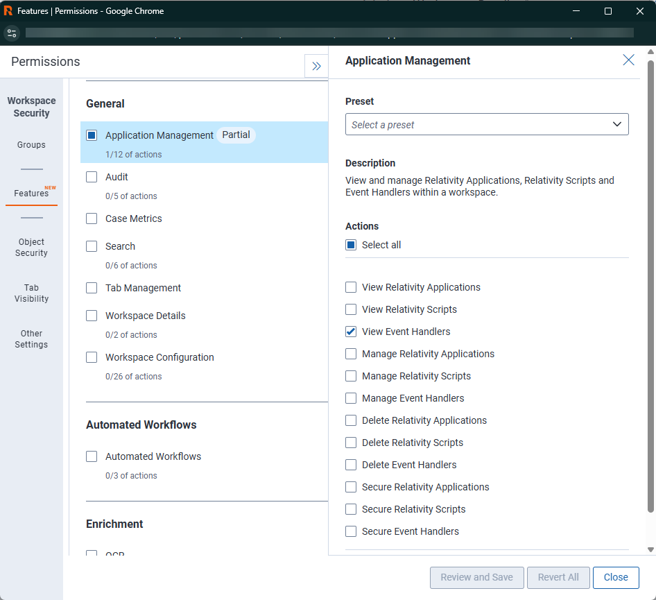 Workspace-level Features tab showing the Application Management feature with its actions