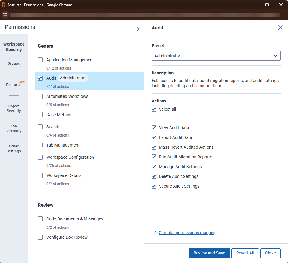 Workspace-level Features tab showing the Audit feature with its actions