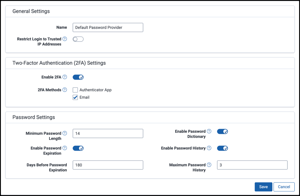 New Password Provider window settings