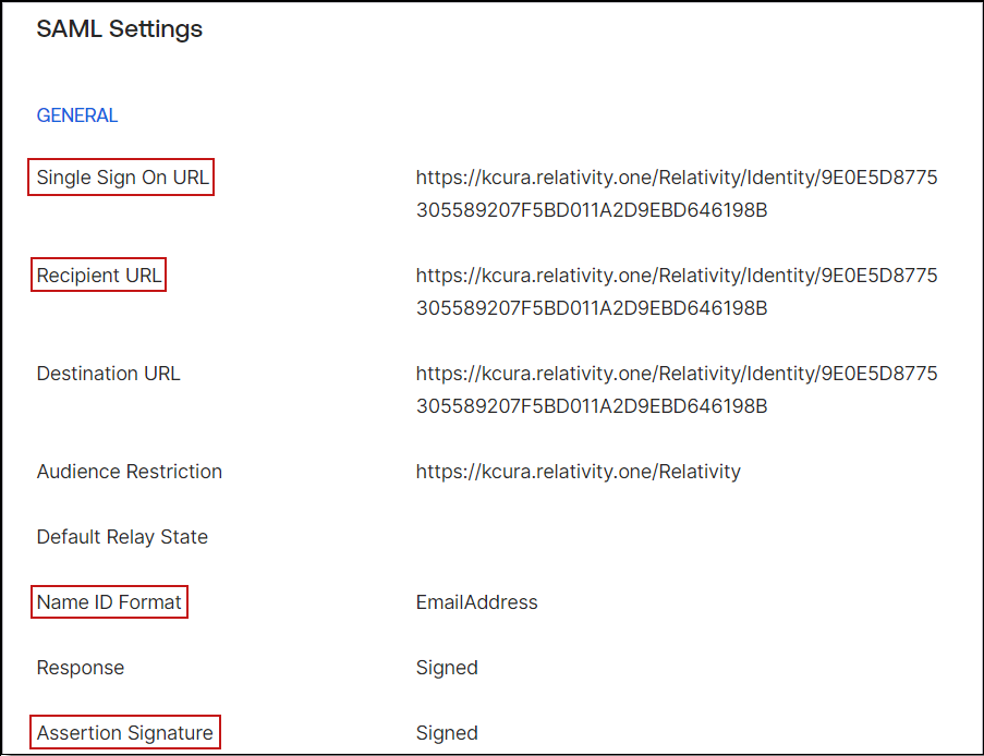 SAML settings screen.