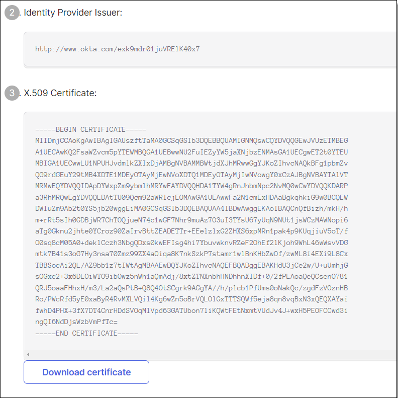 Authentication Okta SAML values