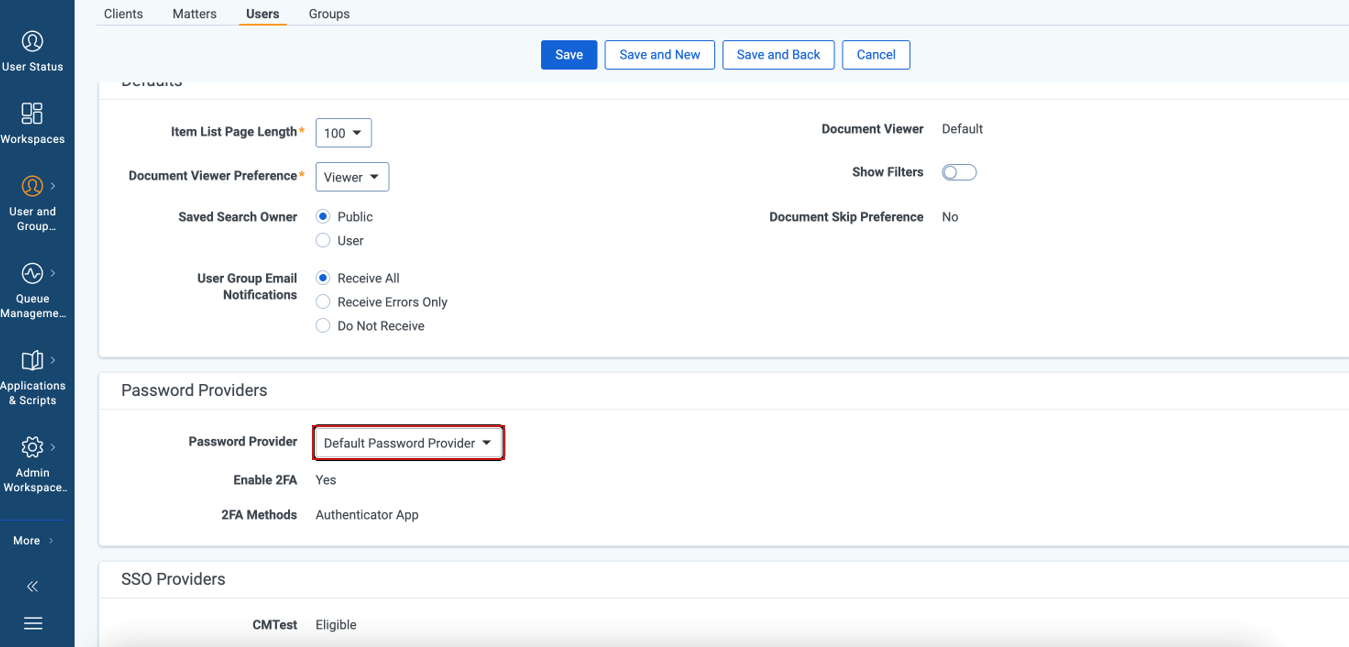 User tab Password Provider drop-down