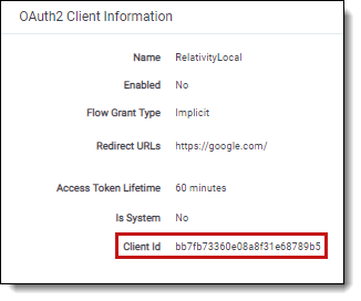 OAuth2 client information highlighting the Client id field value