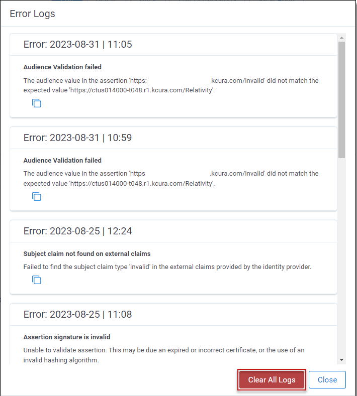 The error log screen showing errors encounters along with descriptions
